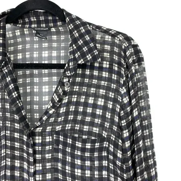 Club Monaco Women's Size S Lightweight Sheer Silk Plaid Button Down Shirt Black - Picture 3 of 6
